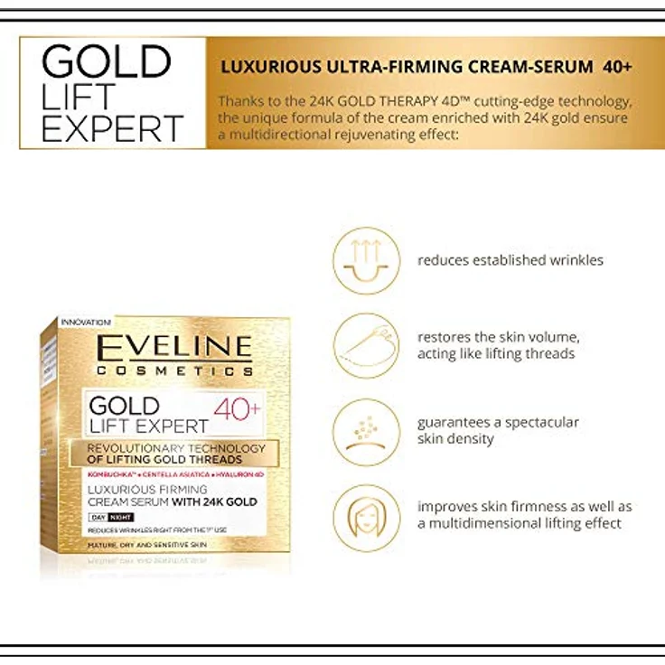 Eveline Cosmetics Gold Lift Expert Straffendes Serum-Creme 24K Gold Therapie für 40+ | Anti-Aging, Lifting & Aufhellende Gesichtsbehandlung | 50ml – Bild 2