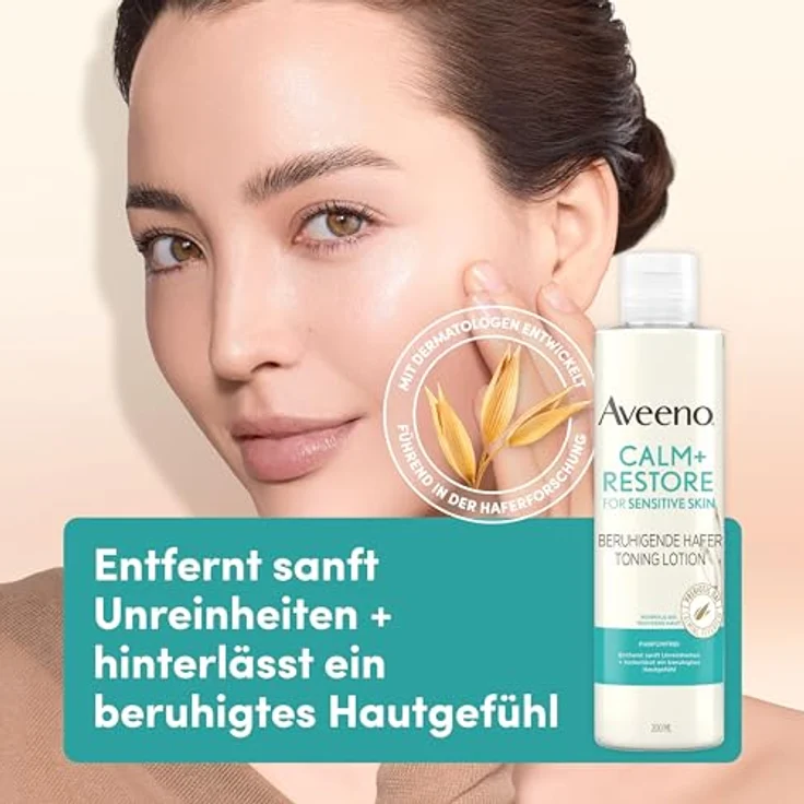 Aveeno CALM+RESTORE beruhigende Hafer Toning Lotion (200 ml), parfümfreier Toner & erfrischender Make Up Entferner für empfindliche Haut mit präbiotischem Hafer & beruhigendem Mutterkraut – Bild 2