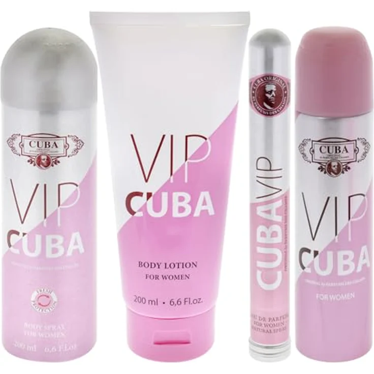 Cuba Cuba Vip, 4-teiliges Geschenkset für Damen, 180 ml EDP-Spray, 300 ml Eau de Parfum, 170 g Body Lotion, aromatischer Duft mit schwarzem Pfeffer und Zitrone – Bild 2