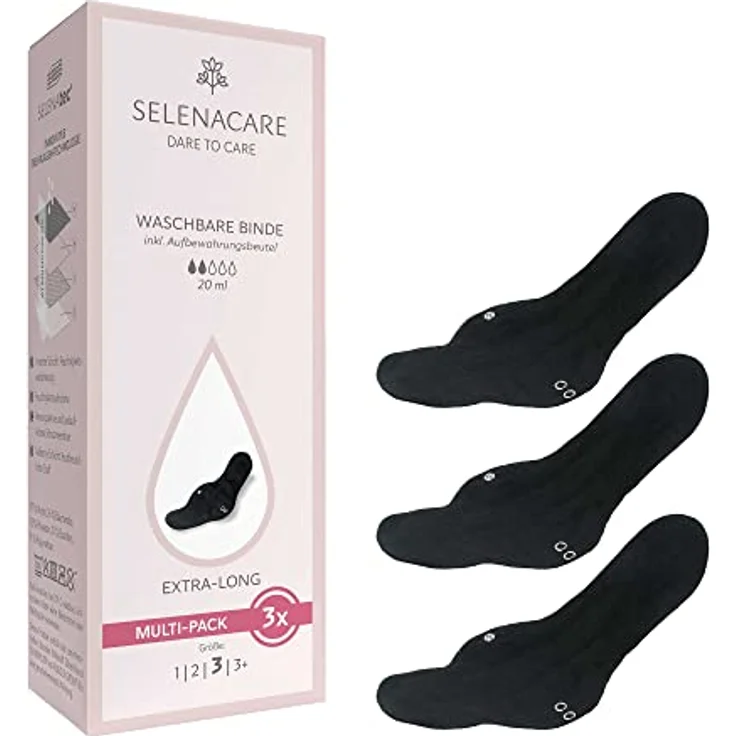 Selenacare Waschbare Binde (3er Multipack, Größe 3), antibakteriell & geruchshemmend, wiederverwendbare Damenbinde mit Aufbewahrungsbeutel, 100% vegan – Bild 1