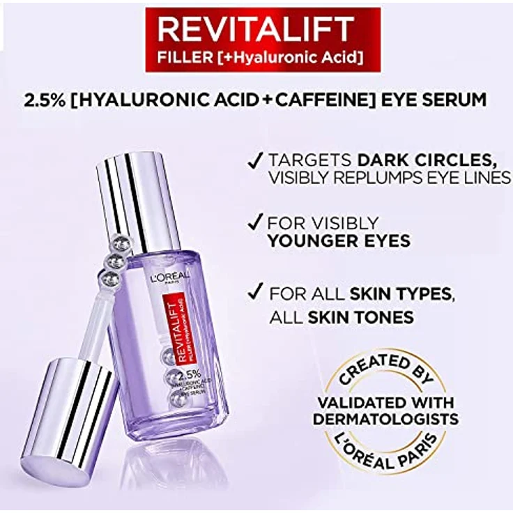 L'Oréal Paris Revitalift Filler Augenserum, 2.5% Hyaluronsäure und Koffein, hellt auf, replumpiert und mindert Schwellungen – 20ml – Bild 4