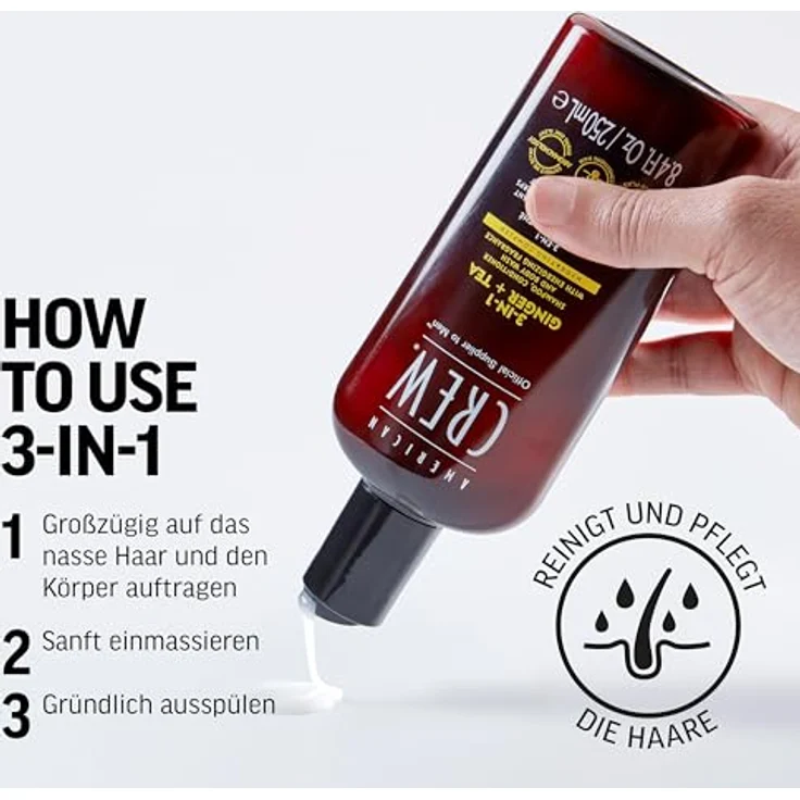 American Crew 3-in-1 Ginger & Tea Shampoo, Conditioner & Body Wash, 1000ml, Pflegeshampoo und Duschgel für Männer, Energie und Feuchtigkeit spendend, mit Ingwer & Tee Duft – Bild 5