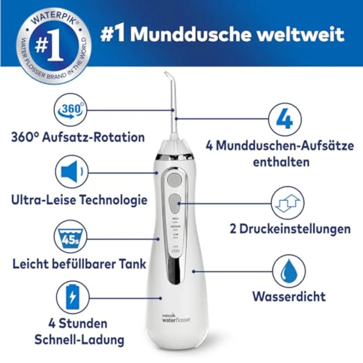 Waterpik Advanced Kabellose Munddusche, Water Flosser Testsieger 2024, 99,9% Plaque Entfernung, 4 Aufsätze, 3 Modi, Induktionsladesystem, Weiß – Bild 2