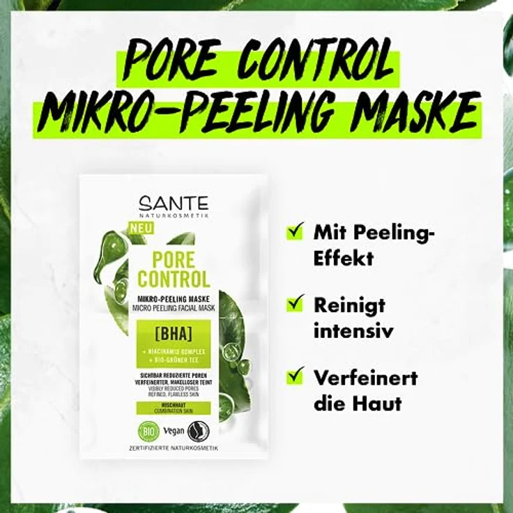 SANTE Naturkosmetik Pore Control BHA Mikro-Peeling Maske mit Bio-Grüner Tee, mattierender Komplex, 8ml – Bild 3