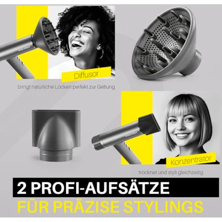VITALmaxx STYLE & SHINE Slim Hairdryer, Ionen Föhn mit BLDC-Motor, 1500W, 3 Temperaturstufen, 2 Geschwindigkeiten, 2 Aufsätze und digitales Display, extra leise – Bild 4