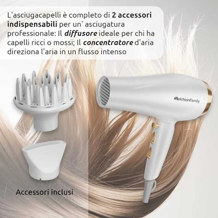 Melchioni GOLD STYLE NEW, Haartrockner 2200W mit Gleichstrommotor, 2 Geschwindigkeitsstufen, 3 Temperatureinstellungen und Kaltstufe, inkl. Konzentrator und Diffusor, Sicherheits-Autoschaltung – Bild 4
