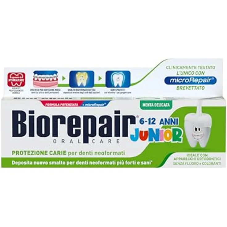 Biorepair Zahnpasta Junior 6-12 Jahre, fluorfreie Zahnpasta für Kinder mit Vitamin E und Antioxidans, erfrischender Minzgeschmack, 75 ml