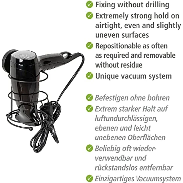 Wenko Fönhalter 'Milazzo', praktischer Fön-Halter aus schwarz-matt lackiertem Stahl mit Vacuum-Loc®-Befestigungssystem ohne Bohren, 11,5 x 17,5 x 14,5 cm – Bild 6