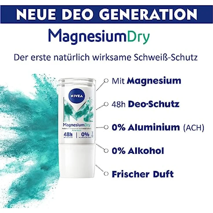 NIVEA MagnesiumDry Pure Aqua Deo Roll-On (50ml), Deodorant mit Magnesium für natürlich wirksamen Schweiß-Schutz, Deo mit 0% Aluminium (ACH) und Alkohol* – Bild 2