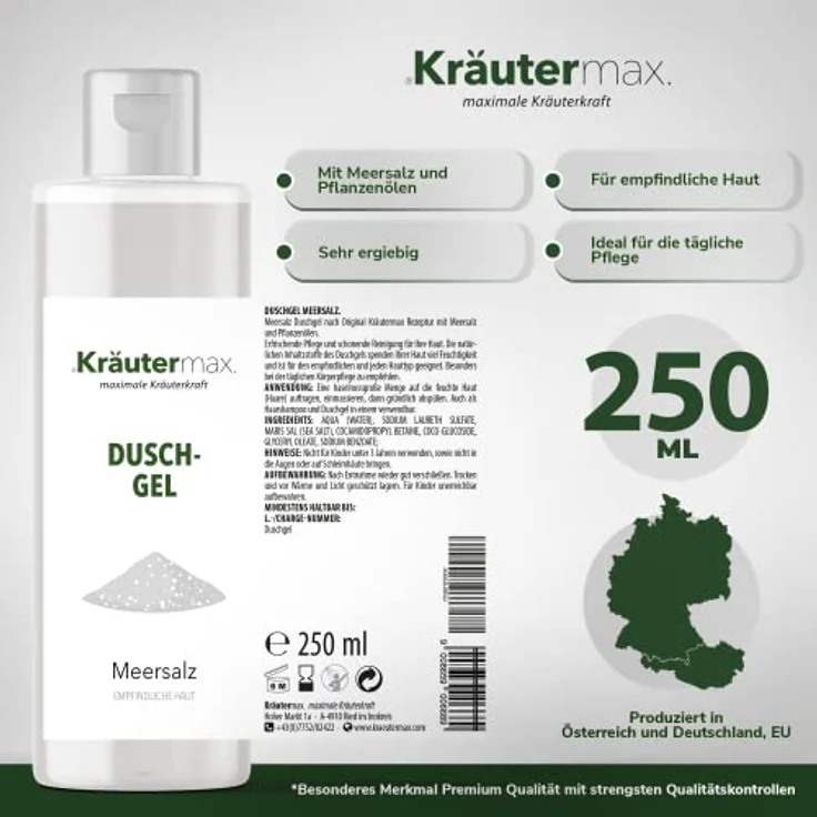 Kräutermax. Meersalz Duschgel Naturbelassen Kosmetik für Haut und Haare, 250 ml - Erfrischende Pflege und Feuchtigkeit, ohne Zusätze, 100% natürlich 🌿 – Bild 4