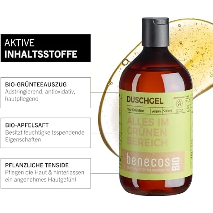 benecos Grüntee Duschgel 500 ml mit Bio-Grünteeauszug und Bio-Apfelsaft, sanft reinigend – Bild 3