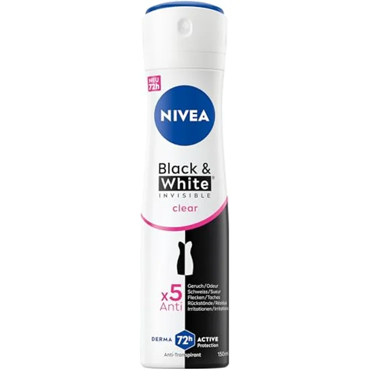 NIVEA Black & White Invisible Clear Deo Spray, 72h Anti-Transpirant mit patentierter Anti-Flecken-Formel, 150 ml