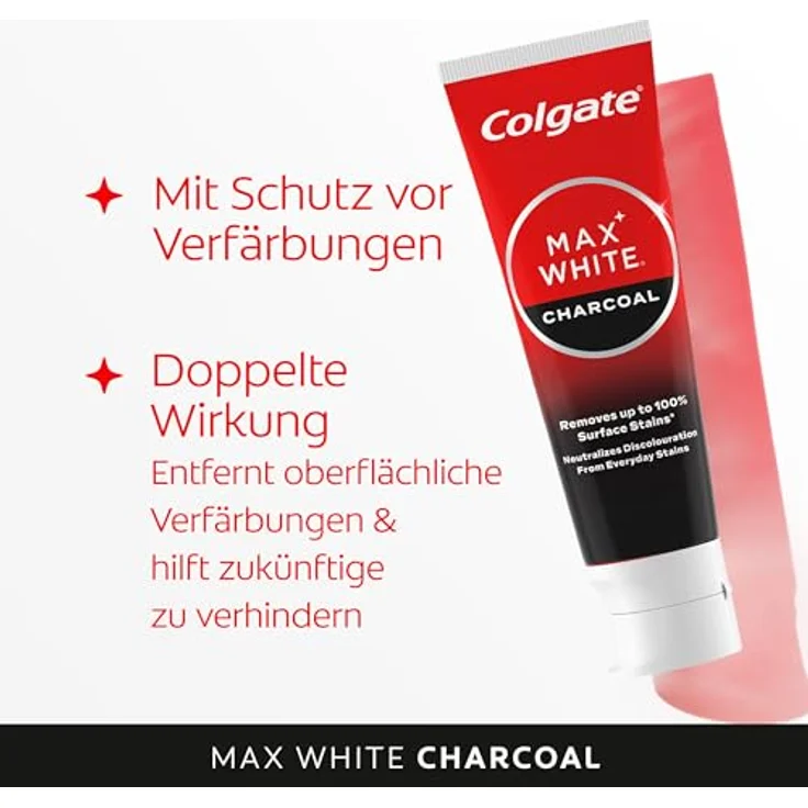 Colgate Max White Charcoal, Zahnpasta mit Aktivkohle zur Entfernung von 100% oberflächlicher Verfärbungen, 4x75ml – Bild 5