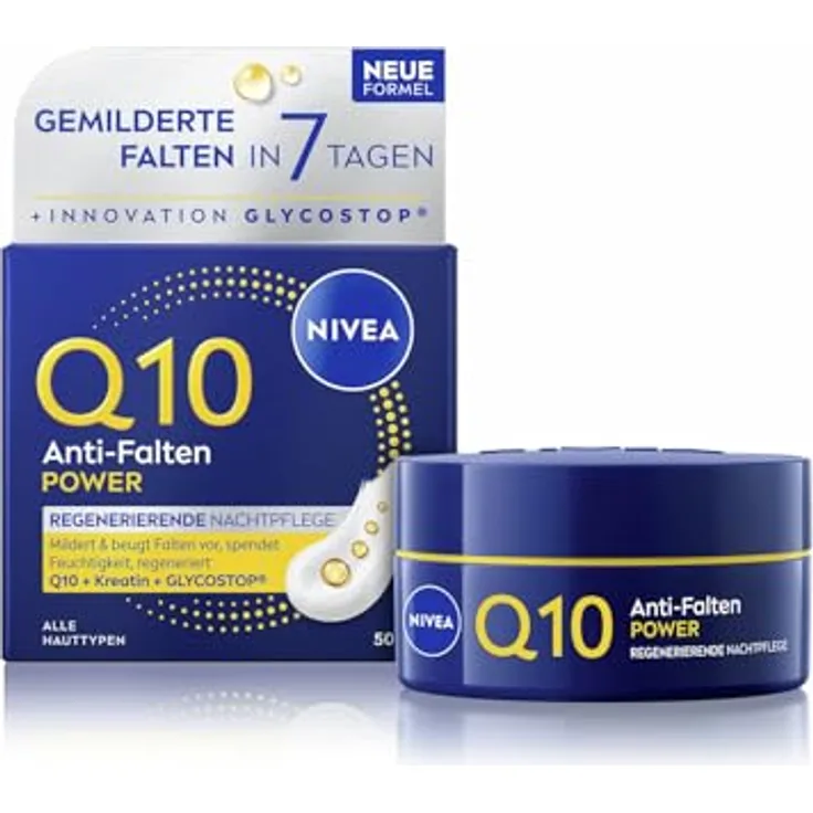 NIVEA Q10 Anti-Falten POWER Nachtpflege, 50 ml, mit 2-fachem Kollagen-Booster und Hyaluronsäure für intensive Feuchtigkeit und Faltenminderung in 7 Tagen