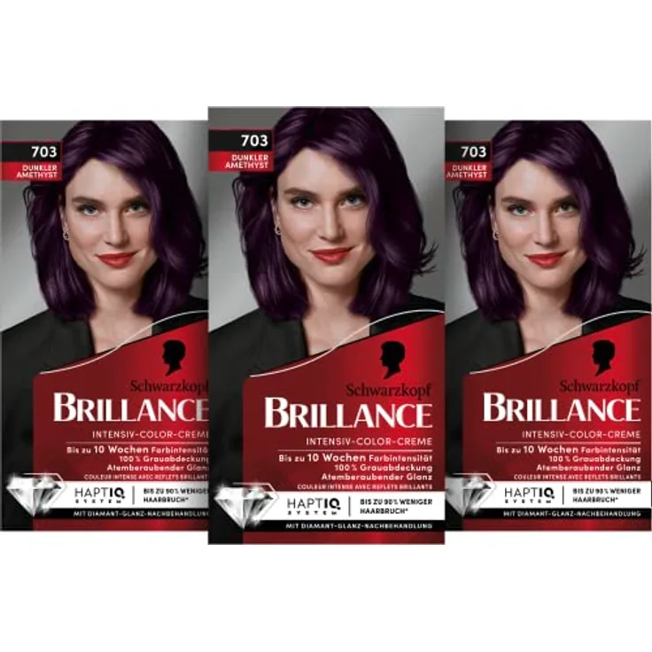 Brillance Intensiv-Color-Creme 703 Dunkler Amethyst Stufe 3 (3 x 160 ml), dauerhafte Haarfarbe mit Diamant-Glanz-Effekt & Pflege-Conditioner, 10 Wochen Farbintensität
