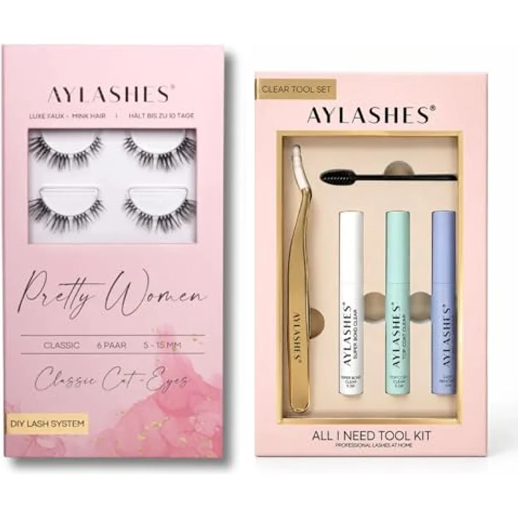 AYLASHES DIY Wimpernextensions Starter Set Pretty Women, 6 Paar Wimpern (5-15mm), Applikator, Wimpernkleber, transparenter Top Coat Sealer, Lash Remover, 7 Tage Halt – Bild 1