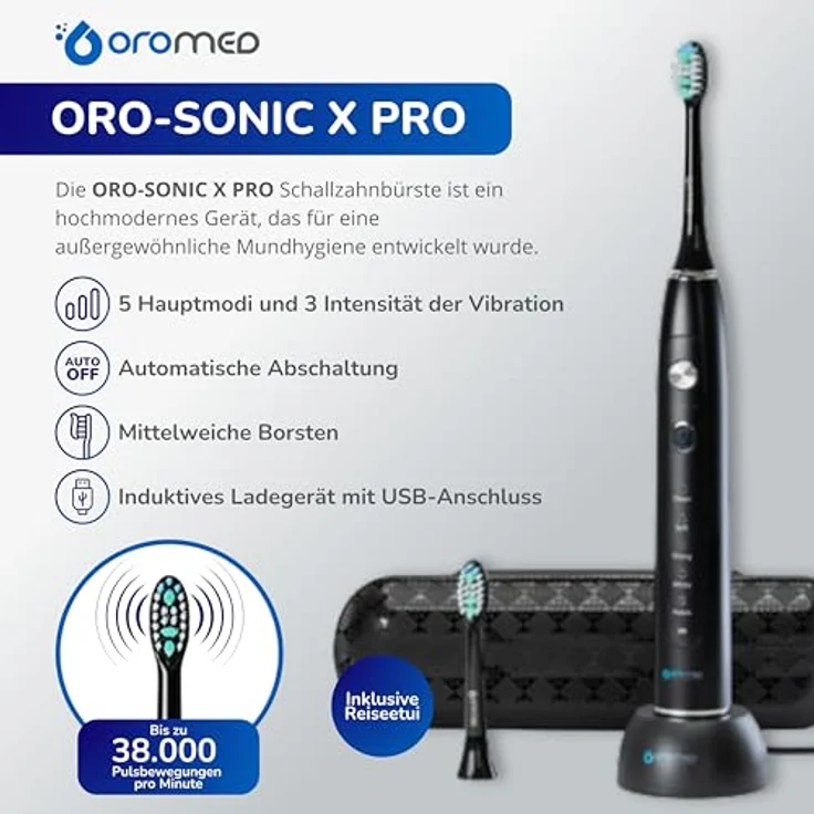 OROMED ORO-SONIC X PRO Elektrische Zahnbürste Schallzahnbürste 5 Modi Timer Etui, soniczna 45000 drgań/min, akumulatorowe, 2 główki, ładowarka USB, Etui podróżne – Bild 3
