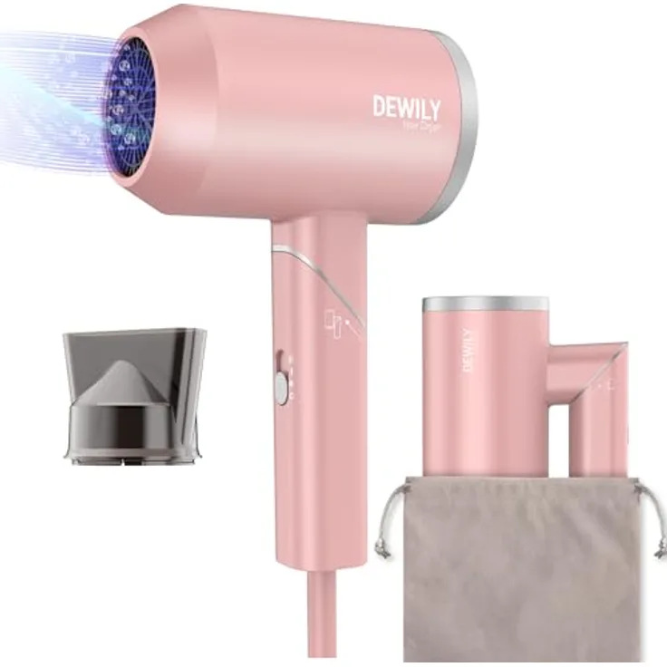 DEWILY Mini Föhn Ionen Klappbar, 1800W Reisehaartrockner mit 3 Heizstufen, leise und kompakt für gesunde, glänzende Haare