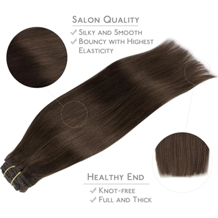 WENNALIFE Clip in Extensions Echthaar, 50cm 120g, 7pcs, Schokoladenbraun, Remy Haarverlängerung mit diskreten Clips – Bild 4