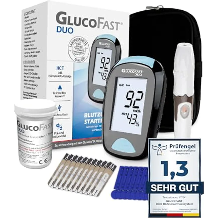 GLUCOFAST Duo Blutzuckermessgerät Starter-Set, inkl. 10 Teststreifen & Lanzetten, präzise Blutzucker- und Hämatokritbestimmung, hygienische Anwendung
