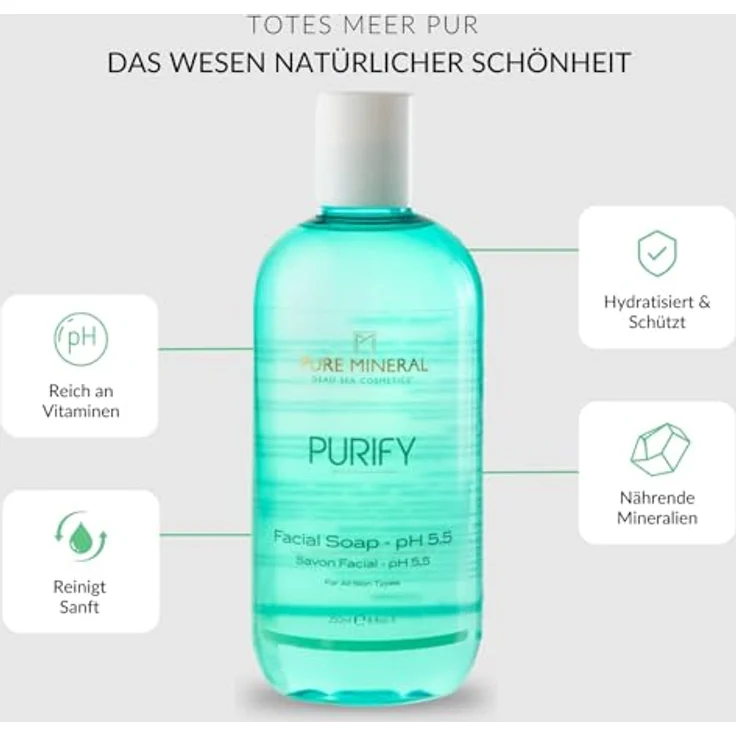 M PURE MINERAL DEAD SEA COSMETICS Pure Mineral pH 5.5 Ausgleichendes Gesichtsseife, Sanfter Reiniger mit Vitamin E, 250ml, Für alle Hauttypen, Ohne Silikone, Sulfate, Parabene – Bild 2