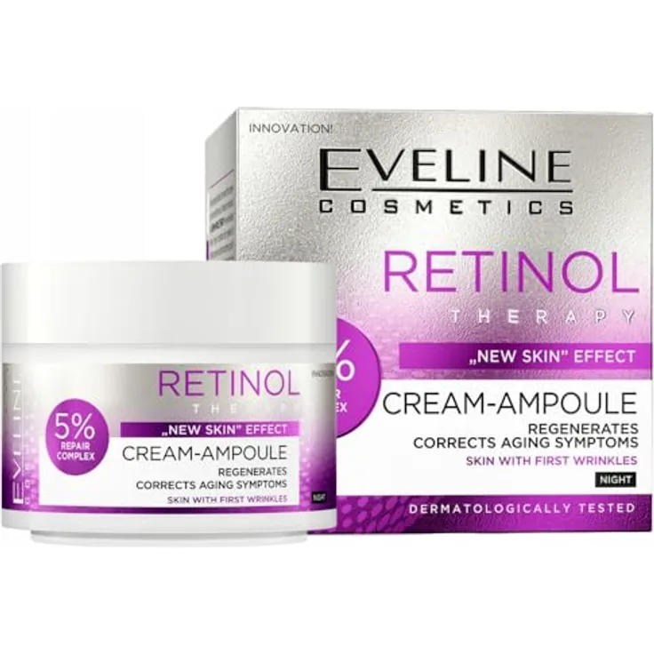 Eveline Cosmetics Retinol Therapy Ampullen-Creme, Anti-Falten Gesichtscreme, Strafft und Glättet die Haut, Mit Retinol und Reparaturkomplex, 50 ml