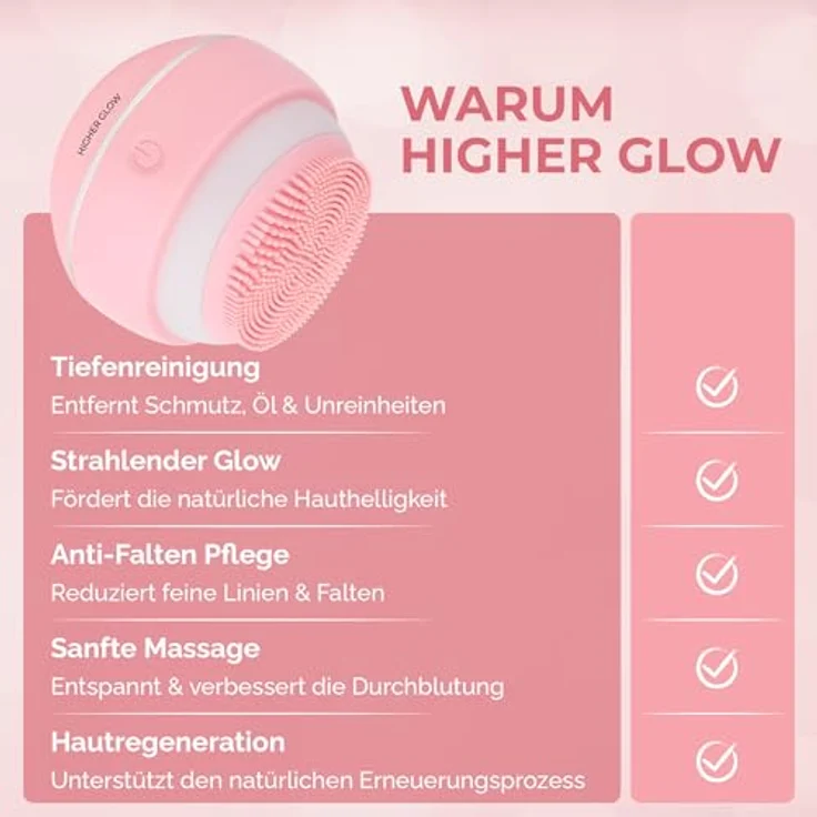 Higher Glow Produkte Higher Glow Produkte Silikon-Gesichtsreinigungsbürste 3D-Vibration Lichttherapie Anti-Aging USB-Aufladung Wasserdicht Gesichtsreinigung – Bild 8