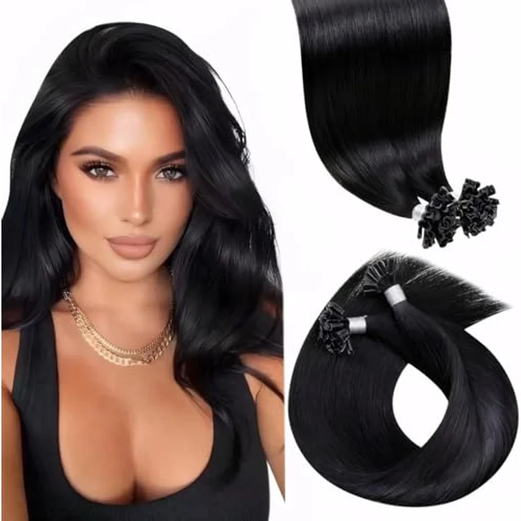 LaaVoo Pre Bonded Haarverlängerung, Echthaar Keratin Bondings 14 Zoll/35cm, U Tip Extensions in Schwarz, 50g/50Strähnen Remy Haare – Bild 1