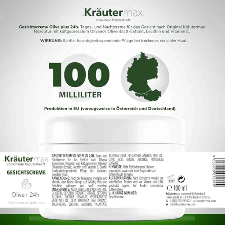 Kräutermax Oliven Gesichtscreme mit Olivenöl und Olivenblattextrakt, feuchtigkeitsspendende Pflege für trockene und sensible Haut, 100 ml – Bild 2