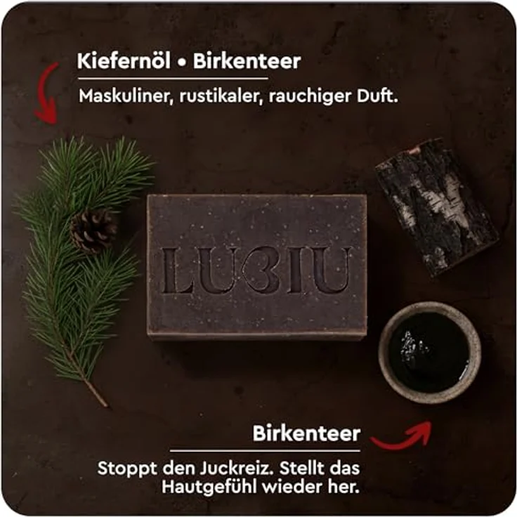 lubiu Teerseife mit Kiefernöl und Birkenteer, 100g – Handgemachte 3in1 Duschseife für Männer (Körper, Haare & Bart), reinigt gründlich und pflegt die Haut – Bild 5