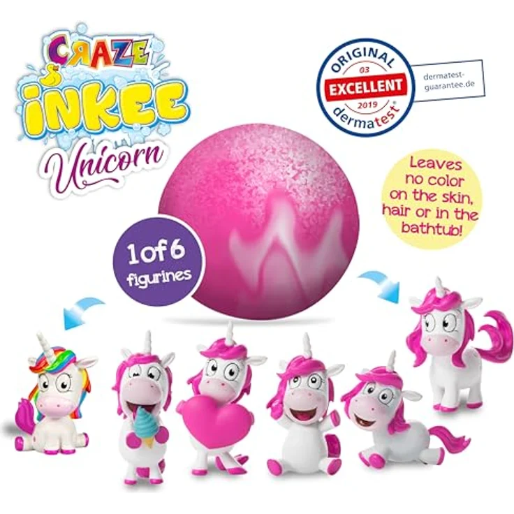 INKEE Unicorn Badebomben Kinder 8er Set mit Überraschung, 8x 100g in lila und rosa, Popcorn-Duft, 6 Einhornfiguren zum Sammeln – Bild 4