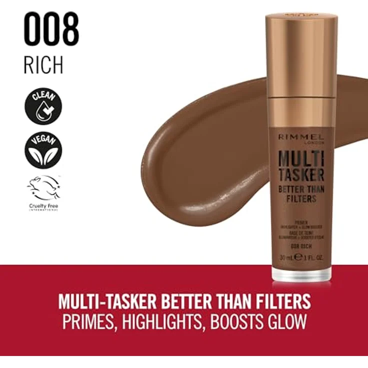 Rimmel Multi-Tasker Better Than Filters, aufhellender Make-up Primer zur Vereinheitlichung der Hauttöne, Farbton 008 Rich, 30 ml – Bild 2