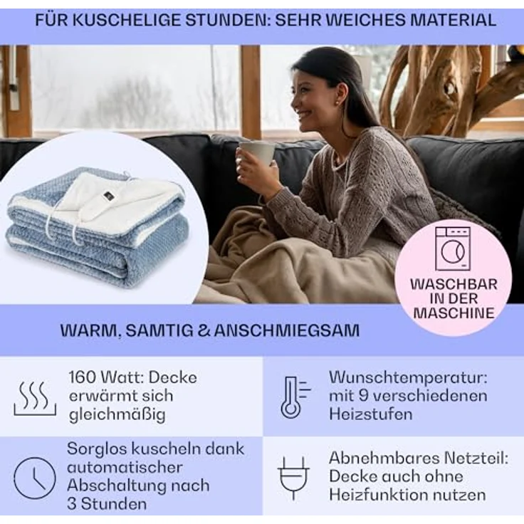 Klarstein Dr. Watson Deluxe XL Heizdecke, 180 x 130 cm, waschbar, 9 Heizstufen, flauschiges Sherpa- und Beibei-Fleece, LED Timer, 160 W – Bild 3