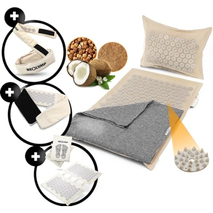 NEOLYMP Akupressur-Set - mit Akupressurmatte, Fußmatte, Gürtel und Stirnband, gefüllt mit Kokosfasern und Buchweizen - beige, inklusive Videoanleitungen – Bild 1