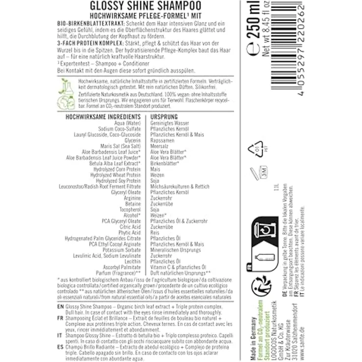 Sante Naturkosmetik Glossy Shine Shampoo, 250 ml - Bio-Birkenblattextrakt + 3-Fach Protein Komplex, natürlicher Kokosduft