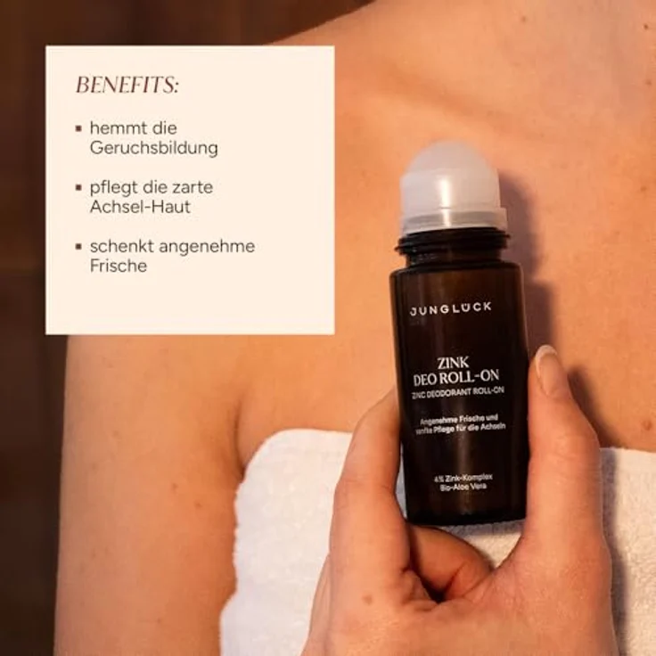 junglück JUNGLÜCK Zink Deo Roll-On ohne Duft, veganer Deo Roller ohne Aluminium & Alkohol für empfindliche Achseln, 4% Zink-Komplex mit antiseptischem Effekt – Bild 2