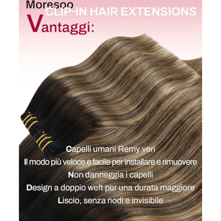 Moresoo Clip in Extensions Echthaar 60 cm, Schwarz Balayage (#1B/3/27), 120g, 7pcs Clips für Langes Haar, Glatt und Seidig – Bild 2