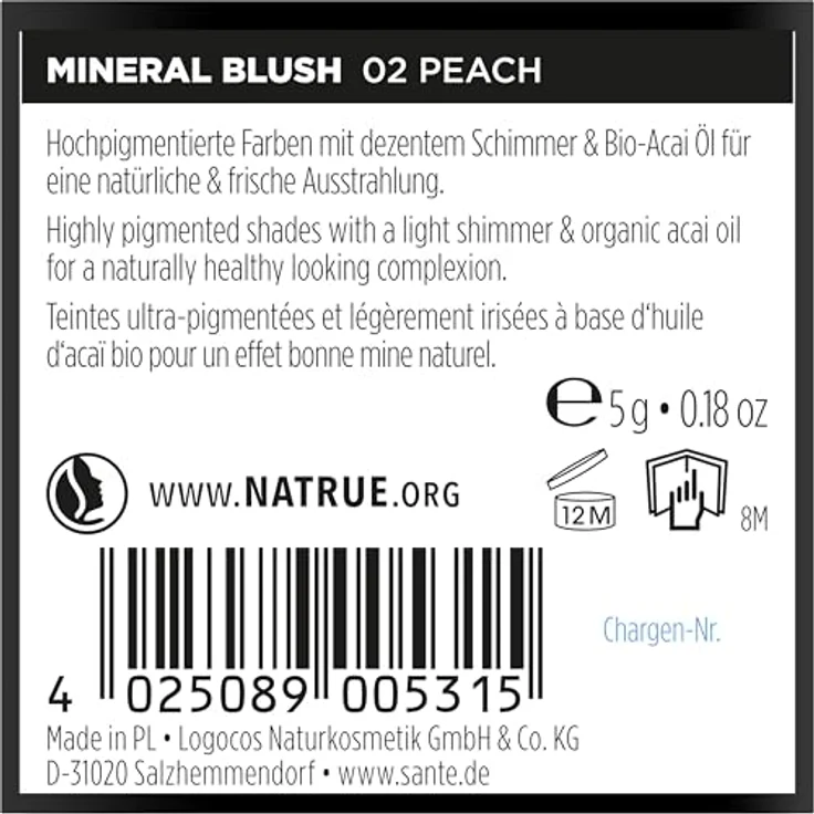SANTE Naturkosmetik Mineral Blush 02 Peach, hochpigmentierter Rouge mit Bio-Acaiöl, leicht verblendbar, 5g – Bild 2