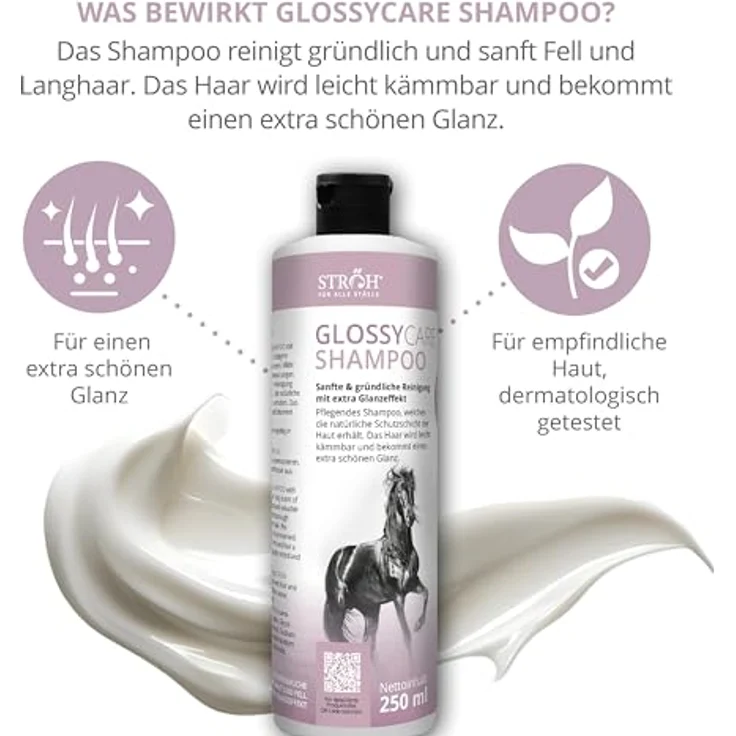 STRÖH GlossyCare Shampoo für Pferde, 500 ml, pflegendes Reinigungsmittel mit Panthenol und Johannisbeerduft, für empfindliche Haut – Bild 3