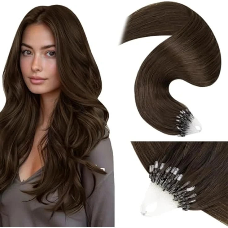 LaaVoo Microring Extensions Echthaar Dunkelbraun 45cm, 50g, wiederverwendbar, hitzestylingfähig, unsichtbare Mikroperlen – Bild 1