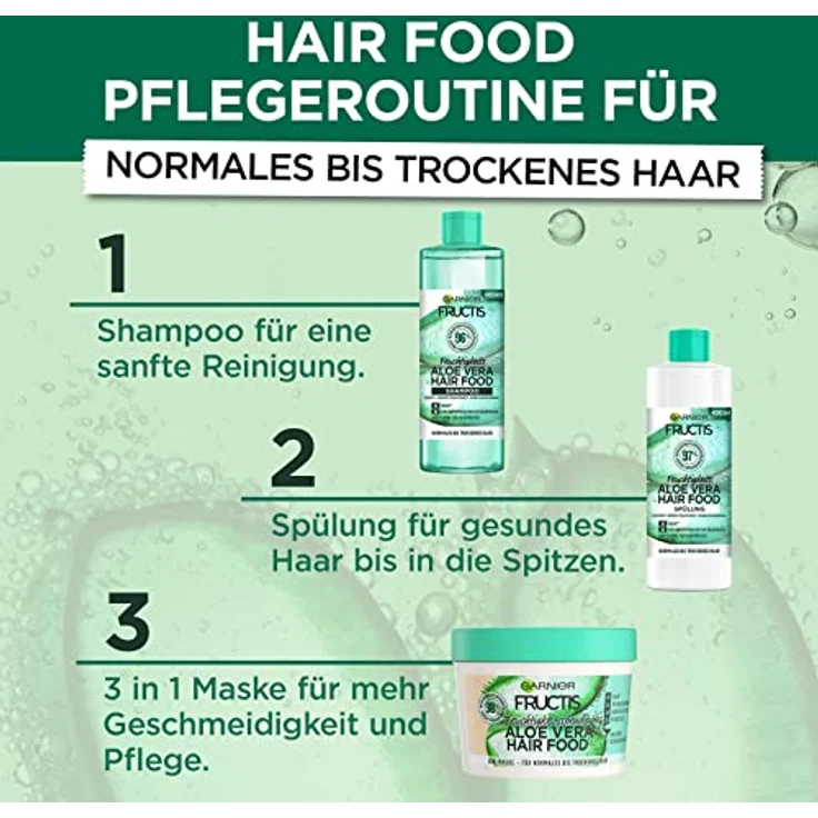 Garnier Aloe Vera 3in1 Haarmaske für normales bis trockenes Haar, Leave In für intensive Pflege und Feuchtigkeit, Vegane Formel mit natürlichen Inhaltsstoffen, Fructis Hair Food, 1 x 400 ml – Bild 2