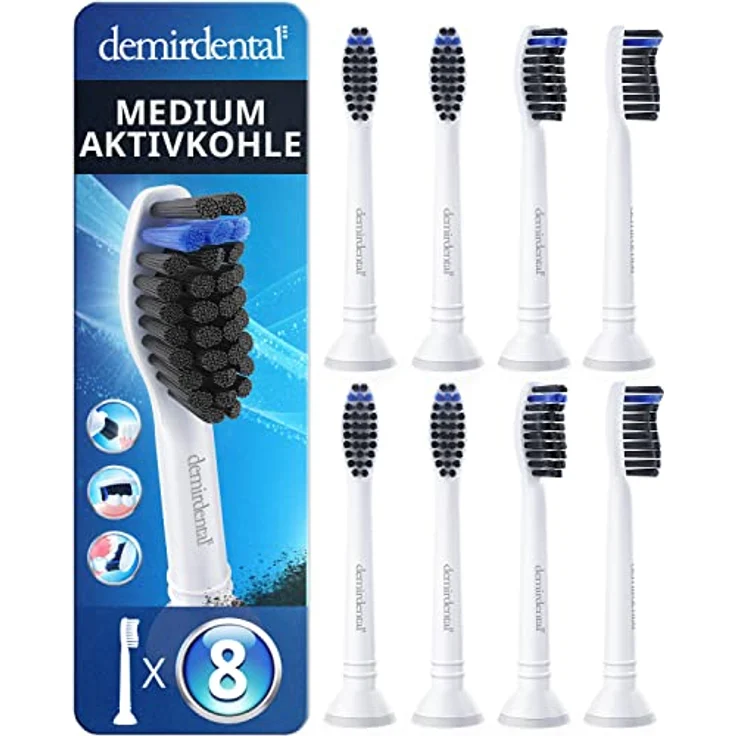 demirdental 8er Aktivkohle Aufsätze für Philips Sonicare, Medium Bürstenköpfe für natürliche Reinigung, weiß, entspricht HX9058m – Bild 1
