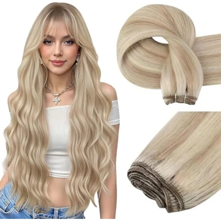 Easyouth Echthaar Tressen Extensions #18P613, Aschblond Mix Gelbblond, 35 cm, 70g, individuell anpassbare Haarverlängerung – Bild 1