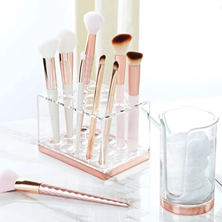 mDesign praktischer Kosmetik Organizer – dekorative Kosmetik Aufbewahrungsbox für Wimperntusche und Lippenstift – Ablage mit 15 Fächern zur Schminkaufbewahrung – durchsichtig und rotgold – Bild 3