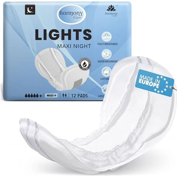 Harmony Care® Lights Maxi Night, Unisex Inkontinenzeinlagen mit 1050ml Saugkraft, Auslaufschutz und Geruchskontrolle, 12 Stück – Bild 1