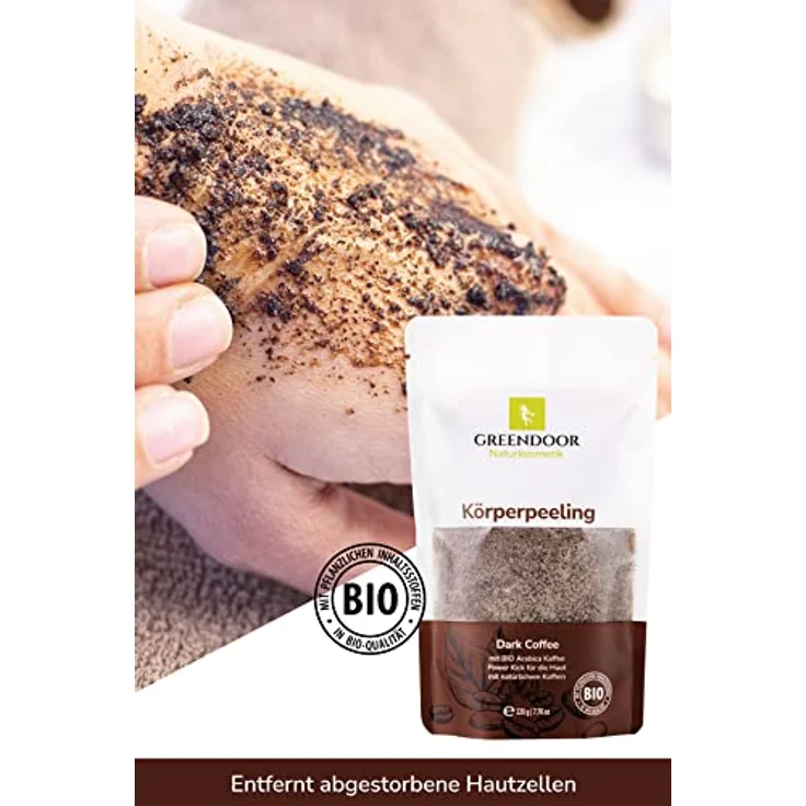 GREENDOOR Naturkosmetik straffendes Natur Körperpeeling Kaffee 220g vegan, gegen Cellulite Schwangerschaftsstreifen, mit BIO Arabica und extra natürlichem Koffein – Bild 3