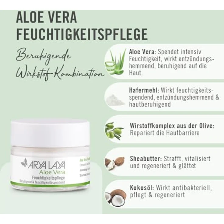 Arya Laya Aloe Vera Feuchtigkeitspflege, 50 ml: Frischer, jugendlicher Teint für beanspruchte, feuchtigkeitsarme Haut, beruhigend, entspannend & ausgleichend, ideal nach Sonnenbad, vegan – Bild 3