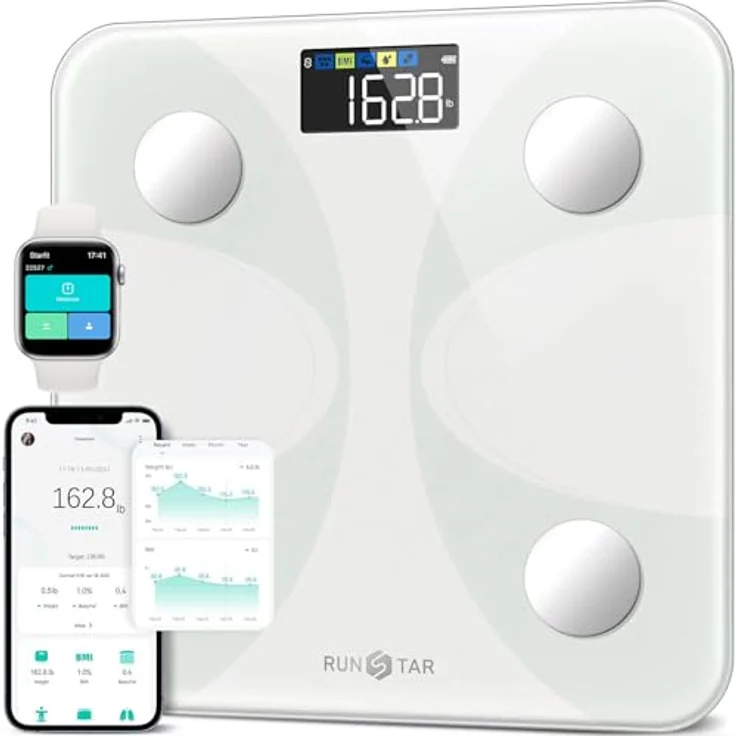 RunSTAR Körperfettwaage, digitale Personenwaage mit großem LCD-Display, 13 Körperanalysewerte, App-Synchronisierung, Weiß – Bild 1