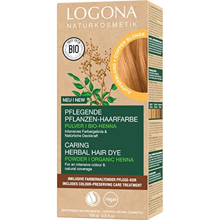 LOGONA Naturkosmetik Pflegende pflanzliche Haarfarbe, Veganes Haarfarbe-Pulver mit Bio-Henna für intensive Farbe und Glanz, Pflanzenhaarfarbe in Kupferblond (Blond), 1 x 100g – Bild 1