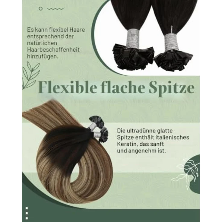 Ugeat Flat Tip Extensions, Keratin Bonding Echthaar Schwarz Ombre Braun, 50 Strähnen, 50g, 50cm – Bild 2